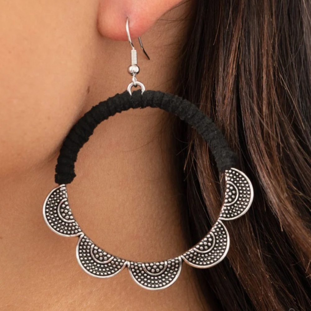 New Silver and Black Large and Lightweight Hoop Earrings